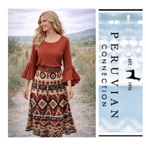 Peruvian Connection Rust Orange Flutter Bell Sleeve Modal Top Size L